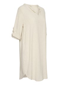 Tunic in lino beige con scollatura a V, maniche a tre quarti e polsini arrotolati. Texture morbida e spacchi laterali sull'orlo.