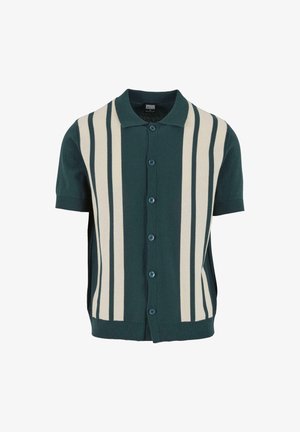 Polo tricotat cu mânecă scurtă, în nuanțe de verde închis și crem, cu dungi verticale, având o închidere cu cinci nasturi și manșete bine croite.