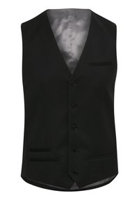 Gilet noir formel avec cinq boutons, trois poches avant et une doublure intérieure en satin lisse.