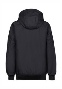 Schwarze Kapuzenjacke mit glatter Textur, elastischen Bündchen und Bündchenabschluss. Schlichtes Design ohne sichtbare Muster oder Metalldetails.