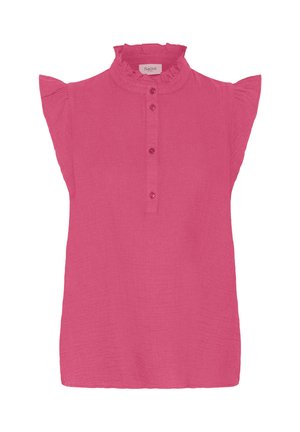 Blouse rose sans manches avec col haut à volants et patte de boutonnage à quatre boutons, présentant une texture subtile et des manches flottantes.