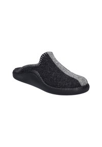 Pantofole di lana con blocchi di colore nero e grigio, texture morbida e forma arrotondata. Presentano una spessa suola in gomma nera e accenti cuciti.