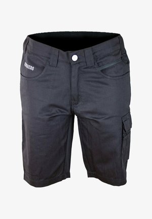 Pantalones cortos cargo negros hasta la rodilla con trabillas para cinturón, botón frontal, bolsillo lateral con cremallera y logo Forsberg en el bolsillo delantero izquierdo.