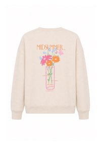Sweat-shirt beige avec des fleurs colorées dans un vase rose et les textes "MIDSUMMER" et "OH APRIL" imprimés dans le dos.