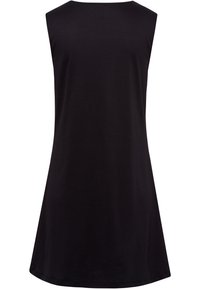 Abito nero senza maniche con scollatura rotonda e silhouette svasata, realizzato in un tessuto liscio con una trama semplice e senza decorazioni.