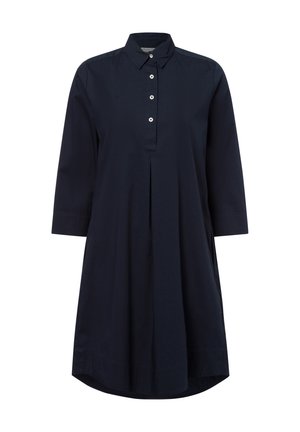 Navy blue shirt dress made of soft fabric, featuring a pointed collar, button placket, and three-quarter sleeves with a pleated front.
