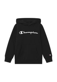 Felpa nera con cappuccio realizzata in misto cotone. Presenta una tasca frontale e il logo bianco "Champion" sul petto, con un piccolo logo sulla manica.