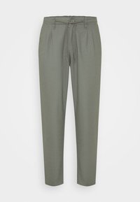 Světlé zelené kalhoty se střihovým designem rovného nohavice, s páskem na šňůrku, zapínáním na knoflík a sklady vpředu. Hladký textura látky.