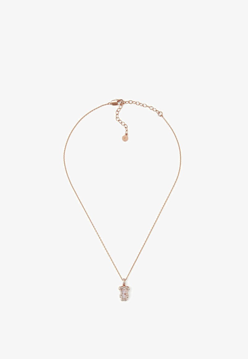 Ruusukultainen kaulakoru, jossa on herkkä ketju, ja karhunmuotoinen riipus, jota koristavat kirkkaat läpikuultavat kivet sekä pieni silmukka kiinnittämistä varten.