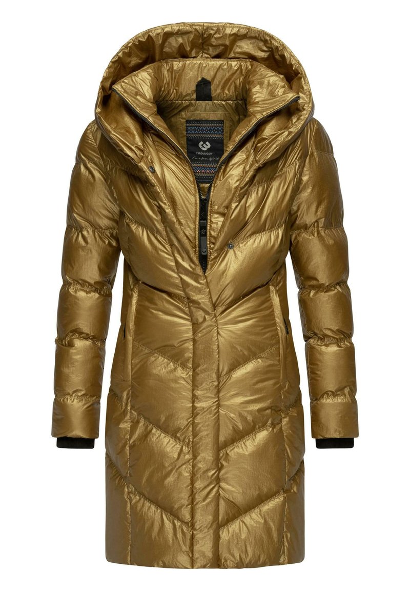 Zlata, podložena zimska jakna s kapuco, s chevron vzorcem, črnimi manšeti in zadrgo spredaj.