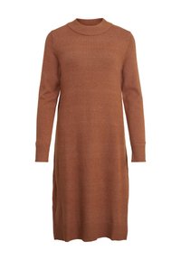 Abito a maniche lunghe in maglia di colore marrone caldo con collo alto, polsini a coste e silhouette morbida. Texture liscia, lunghezza al ginocchio.