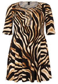 Schwarz-braues Kleid mit Zebra-Streifen und kurzen Ärmeln, ausgestattet mit einem bestickten Ausschnitt und einer ausgestellten Silhouette für fließende Bewegungen.