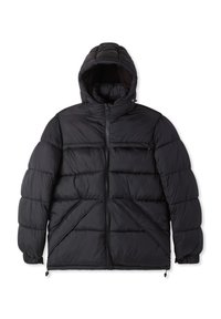 Giubbotto imbottito nero con cappuccio, caratterizzato da una texture trapuntata, chiusura con zip e tasche laterali. Maniche elastiche e coulisse regolabile all'orlo.