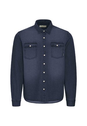 Marine blauwe denimshirt met lange mouwen, knoopsluiting met kraag, twee borstzakken en metalen knopen; heeft een rechte zoom en een standaard pasvorm.