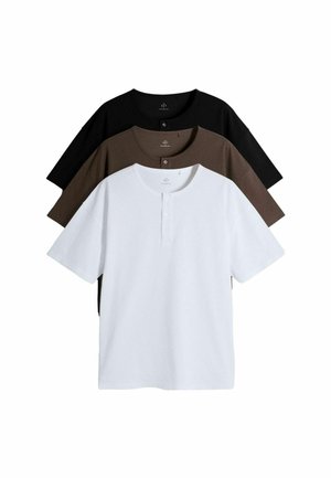 Three short-sleeve henley shirts stacked, in white, brown, and black, each with a round neckline and three buttons.