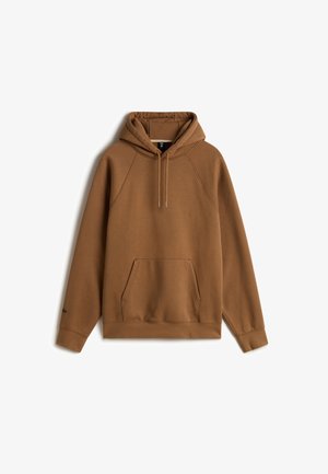 Brown hoodie made of soft fabric, featuring a front pocket, adjustable drawstring hood, and ribbed cuffs. Simple design with raglan sleeves.