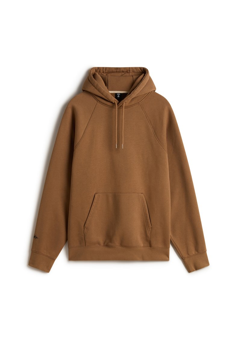 Felpa marrone realizzata in tessuto morbido, con tasca frontale, cappuccio regolabile con cordino e polsini a coste. Design semplice con maniche raglan.