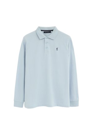 Hellblaues Langarm-Poloshirt mit drei Knöpfen vorne und kleinem dunklem besticktem Golfer-Logo auf der linken Brust.