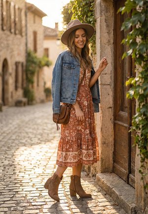 Joven vestida con un vestido floral, chaqueta de mezclilla y sombrero, de pie en una calle empedrada, sonriendo mientras toca una puerta de madera.