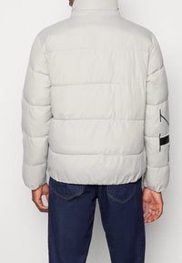 Giacca a vento grigia con imbottitura orizzontale, colletto alto e un accento nero sulla manica sinistra. Realizzata in materiale lucido e liscio.