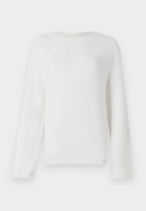 Sweater branco de mangas longas feito de tecido texturizado. Apresenta um decote redondo e um corte relaxado com ombros caídos.