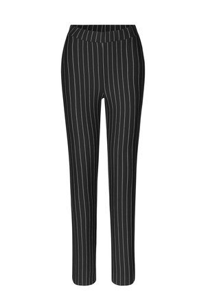 Sorte bukser med lodrette hvide striber, der har en elastisk talje og en slim fit design, lavet af et glat og let stof.