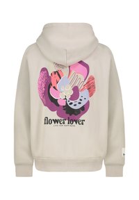 Lichtbeige hoodie met een kleurrijke bloemenafbeelding op de achterkant, met accenten in roze, paars en zwart. De tekst zegt "bloemenliefhebber."