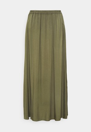 Maxinederdel med elastisk talje i olivengrøn, lavet af et glat og flydende stof med diskrete lodrette folder.
