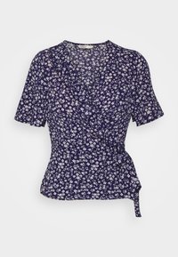 Blusa avvolgente floreale in tessuto leggero di colore navy, con maniche corte, nodo in vita e piccoli motivi di fiori bianchi e viola.