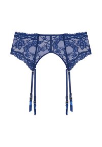 Modrý krajkový podvazkový pás s květinovými vzory, vlnitými okraji a čtyřmi nastavitelnými saténovými pásky se metalovými sponami. Poloprůsvitná tkanina.