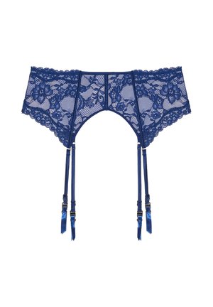 Cinturilla de encaje azul con patrones florales, bordes ondulados y cuatro tirantes de satén ajustables con clips de metal. Tela semi-translúcida.