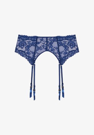 Cinturilla de encaje azul con patrones florales, bordes ondulados y cuatro tirantes de satén ajustables con clips de metal. Tela semi-translúcida.