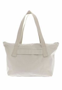 Sac fourre-tout beige en tissu texturé, avec deux poignées supérieures et une poche avant à rabat. Fermeture éclair en haut.