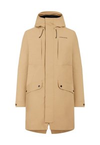 Beige vattentät jacka med huva, dragkedja och knappstängning, två framfickor och svarta detaljer. Slät textur, knälång design.