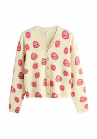 Cremefarbener Cardigan mit roten Herz- und Geschenkboxmustern, V-Ausschnitt, gerippten Bündchen und herzförmigen Knöpfen vorne.