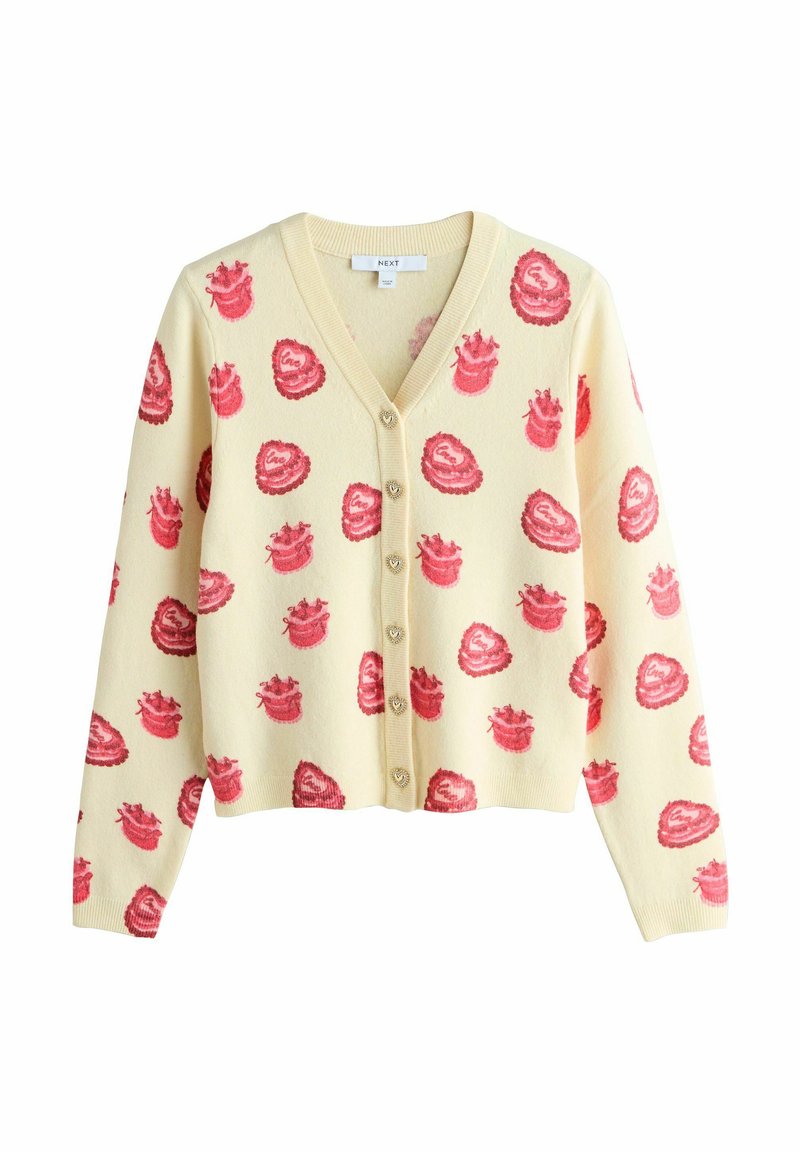 Cremefarbener Cardigan mit roten Herz- und Geschenkboxmustern, V-Ausschnitt, gerippten Bündchen und herzförmigen Knöpfen vorne.