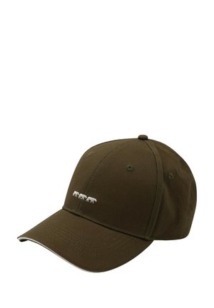 Casquette de baseball en coton vert olive avec sangle ajustable, ornée de trois silhouettes d'animaux brodées en blanc à l'avant.