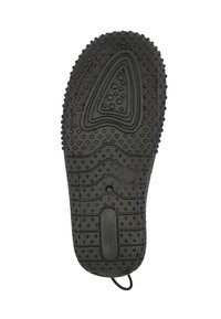 Zwarte rubberen schoenzool met een gestructureerde grip, voorzien van cirkelvormige en diamantpatronen, en een centrale groef voor flexibiliteit.
