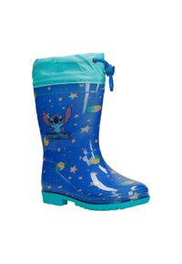 Modrá gumová holínka s tyrkysovým vrškem, vyznačující se vesmírným motivem, kreslenou postavičkou, hvězdami a planetami, s texturovanou podrážkou.