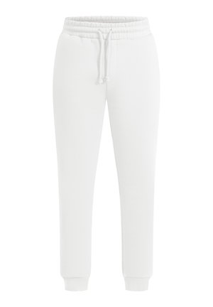 Weiße Sweatpants aus weichem Material mit einem elastischen Bund und Kordelzug sowie schmal zulaufenden Bündchen an den Knöcheln.