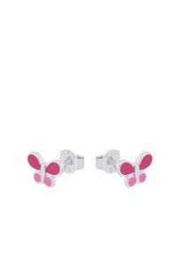 Orecchini a forma di farfalla in argento con accenti di smalto rosa. Presentano ali arrotondate e una finitura lucida. Design compatto e leggero.