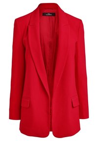 Rød skræddersyet blazer med notched revers, åben front og to forlommer. Fremstillet af glat stof med en struktureret pasform. Uden knapper eller pynt.