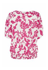 Witte top met korte mouwen, voorzien van een gedurfde roze bloemenprint, een geraffineerde zoom en een comfortabele pasvorm. Gemaakt van lichtgewicht stof.