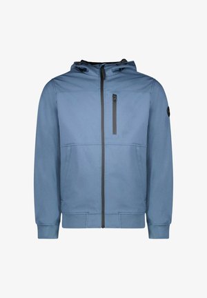 Blauwe jas met capuchon en ritssluiting, zijzakken en een borstzak. Gemaakt van gladde stof met geribbelde boorden en zoom.