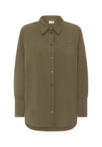 Langärmliges olivgrünes Hemd mit Knopfleiste, spitzem Kragen und einer einzigen Brusttasche, entworfen für den Casual-Look.