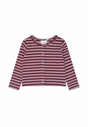 Cardigan à manches longues boutonné avec des rayures horizontales bordeaux et rose clair, col rond et texture en tissu côtelé.