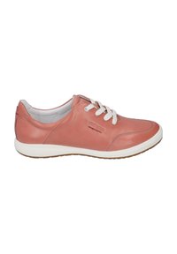 Rosa Leder Sneakers mit weißen Schnürsenkeln, abgerundetem Zehenbereich, Gummisohle und dezenten Nähdetails. Verfügt über ein Logo an der Seite.