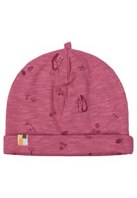 Rosa Mütze mit einer weichen Textur, die ein Muster aus Eichhörnchen und naturelementen zeigt. Enthält ein farbenfrohes Markenlabel am Bund.