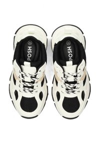 Weiße und schwarze Sneakers mit einem Mesh-Obermaterial, kontrastierenden Akzenten und gemusterten Schnürsenkeln. Robuste Gummisohle mit einer klobigen Silhouette.