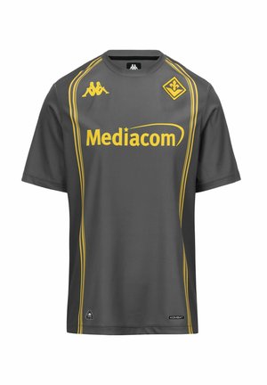 Maillot de sport gris foncé avec des rayures verticales jaunes, logo du sponsor Mediacom, logo Kappa et un emblème jaune en forme de diamant sur la poitrine.